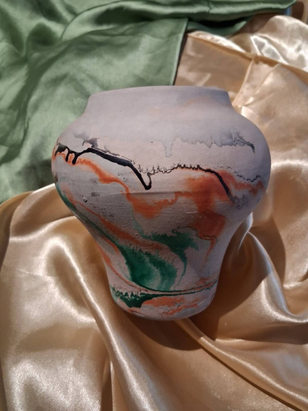 Vintage Nemadji Pottery Swirl Vase Earth Tone Orange Green Black Bisque Clay